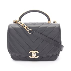 CHANEL Chevron V-Stitch Top Handle Shoulder Bag Leather Women's Black