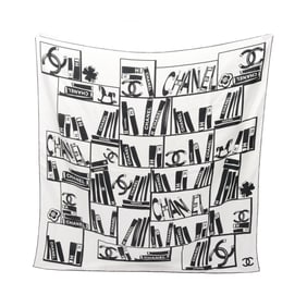 CHANEL Coco Mark Bookshelf Scarf Silk Women's White Black