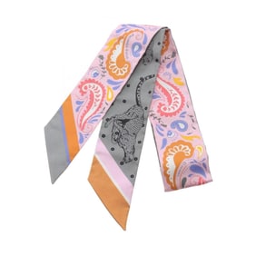 Hermes Hermès Guepards Bandana Twilly Silk Scarf for Women in Pink, Gray, and Multicolor