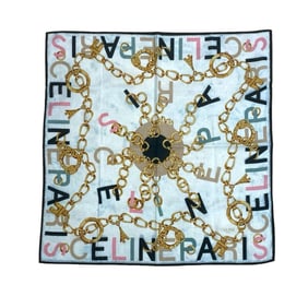 CELINE Vintage Logo Chain Print Cotton Scarf/Handkerchief, Multicolor, 260-4