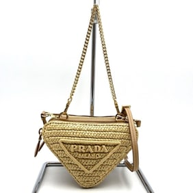 PRADA Prada Triangle Shoulder Bag Chain 1NR015 Raffia Beige Women's
