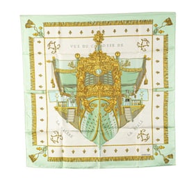 Hermes Hermès Carré 90 "VUE DU CAROSSE DE LA GALERE REALE" Queen's Coronation Scarf, White, Green,