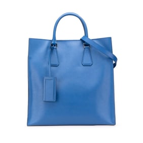 Prada Triangle Logo Plate Tote Bag/Shoulder Bag, 2-Way, VA1016, Blue Leather, Women's, PRADA