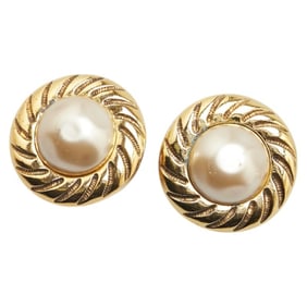 CHANEL Round Earrings, Gold Plated, Faux Pearl, Women's