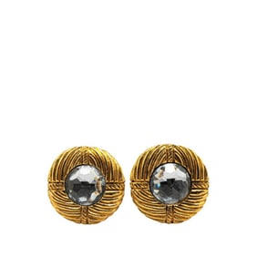 CHANEL Rhinestone Round Earrings, Gold Plated, Women's