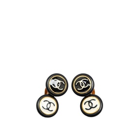 Vintage Chanel Coco Mark Earrings, Gold, Black, and White Plated, Women's, CHANEL