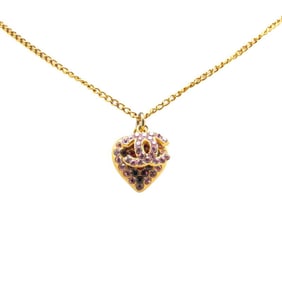 Chanel Coco Mark Heart Motif Rhinestone Necklace, Gold and Pink Plated, Women's