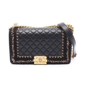 CHANEL Boy Chanel Large Matelasse Shoulder Bag in Lambskin Fabric, Black/Gold, Women's, A92193