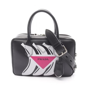 Prada Banana Print Leather Handbag for Women, Black/White/Pink, 1BB010