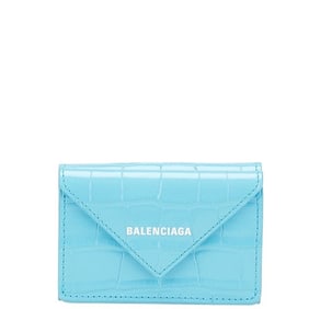 Balenciaga Paper Mini Wallet, Crocodile Embossed Tri-fold Compact Light Blue Leather, 391446,