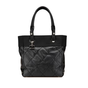 CHANEL Paris Biarritz Tote PM Bag Shoulder Black Leather Coated Canvas Women's