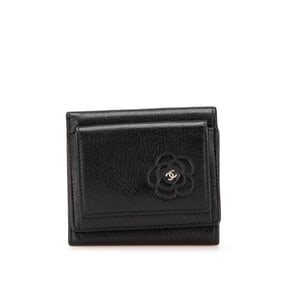 CHANEL Camellia Coco Mark Tri-fold Wallet Compact Black Lambskin Women's