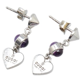 Gucci Heart Motif Earrings in Silver and Purple with Amethyst, SV925, for Women.