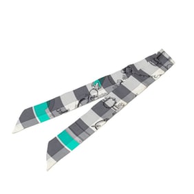 Hermes Hermès Twilly MORS ET GOURMETTES VICHY Anthracite Menthol Scarf, Gray Silk, Women's