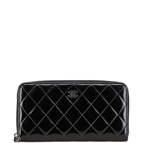 CHANEL Brilliant Matelasse Coco Mark Round Zipper Long Wallet Black Enamel Women's