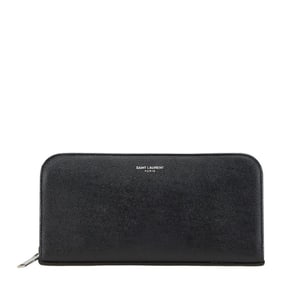 Saint Laurent logo round zipper long wallet in black leather for women.