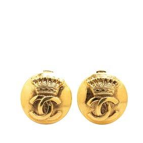 Vintage Chanel Coco Mark Crown Motif Round Earrings, Gold Plated, Women's, CHANEL