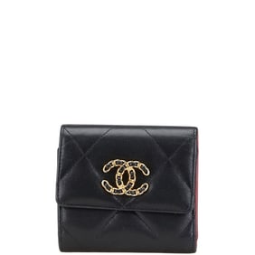 Chanel 19 Coco Mark Tri-fold Wallet Small Flap AP1064 Black Pink Lambskin Women's CHANEL
