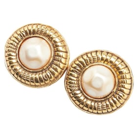 CHANEL Round Earrings, Gold Plated, Faux Pearl, Women's