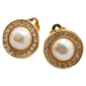 CHANEL Rhinestone Earrings, Gold Plated, Faux Pearl, Women's