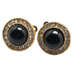 CHANEL Rhinestone Round Earrings, Gold and Black Plated, Women's