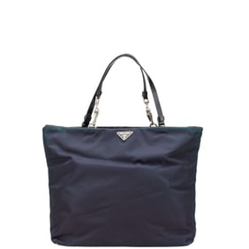 Prada Triangle Logo Plate Tote Bag Handbag Navy Black Nylon Leather Women's PRADA