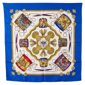 Hermes Hermès Carré 90 "Les Tambours" Tambour Drums Scarf, Blue Multicolor Silk, Women's