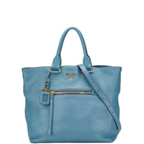 Prada Logo Metal Tote Bag/Shoulder Bag, 2-Way, Blue Leather, Women's, PRADA