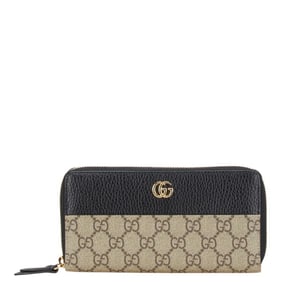 Gucci GG Supreme Double G Two-Tone Long Wallet with Round Zipper, 456117, Beige and Black Leather,