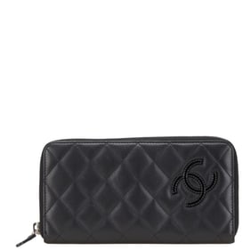 CHANEL Simply CC Coco Mark Long Wallet, Round Zipper, Black Lambskin, Enamel, Women's