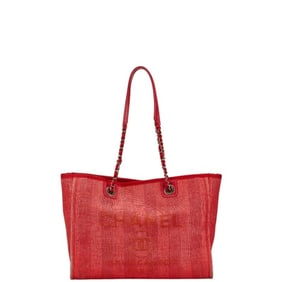 CHANEL Deauville Tote MM Coco Mark Chain Bag in Red Canvas and Leather for Women