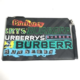 BURBERRY Graffiti Check Pouch with Strap, Leather Clutch Bag, Women's, Black