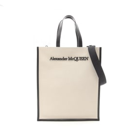 Alexander McQueen N S logo embroidered tote bag, canvas and leather, women's, white black