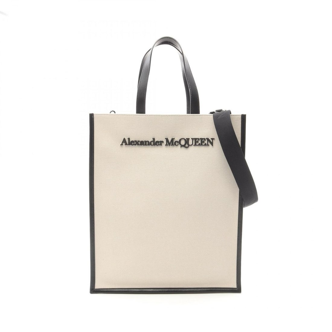 Alexander McQueen N S logo embroidered tote bag, canvas and leather, women's, white black: --- Catalog ---Category: SizeSize (HxWxD): 40cm x 33.5cm x 10cm / 15.74'' x 13.18'' x 3.93''Category: DesignType: Tote bagColor: Black, WhiteGender: WomenMaterial: Canvas , Leather Category: GeneralBr