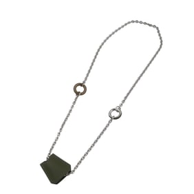 Unused Hermès Crochet Metal Swift Leather Silver Khaki Necklace 1342HERMES