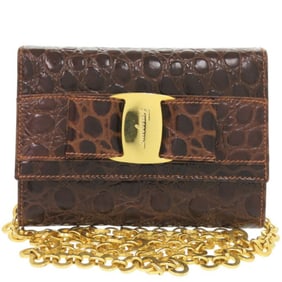 Salvatore Ferragamo Vara Ribbon Chain Shoulder Bag AQ213202, Embossed Leather Brown Bag, 0859