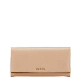 Prada logo long wallet in beige Saffiano leather for women.