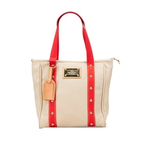Louis Vuitton Antigua Cabas MM Tote Bag Shoulder M40035 Red Beige Canvas Leather Women's LOUIS