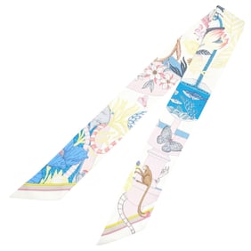 HERMES Precious Paradise Twilly Scarf, Silk, Rose Pearl, White, Blue, Women's