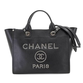 CHANEL Deauville 2-Way Chain Tote Shoulder Bag in Studded Caviar Leather, Black (A57069)
