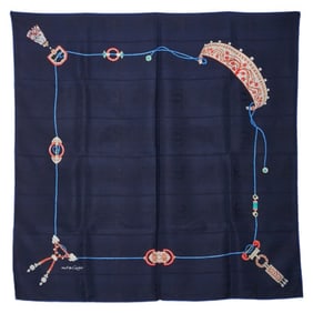 Cartier Must de Jewelry Motif Scarf, Navy Multicolor Silk, Women's