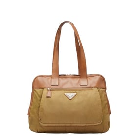 Prada Triangle Logo Plate Handbag Beige Brown Nylon Leather Women's PRADA