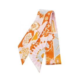 Hermes Hermès Twilly Bingata Silk Scarf for Women, Orange, Pink, and Gray