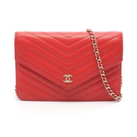 CHANEL Chevron V-Stitch Shoulder Bag, Leather, Women's, Red, AP0250
