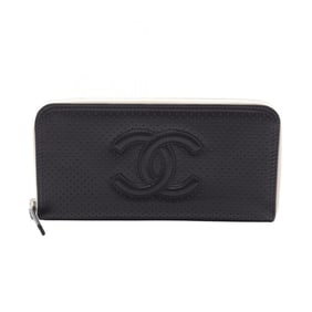 Chanel Coco Mark Round Long Wallet, Leather, Women's, Black and White