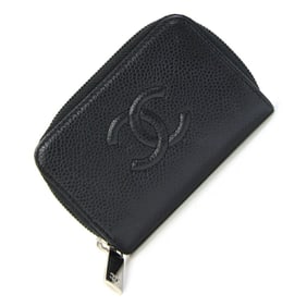 Chanel Coin Case with Coco Mark A68890, Black Caviar Leather, Round Purse, Mini Wallet, Compact