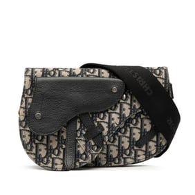 Christian Dior Dior Oblique Saddle Body Bag, Waist Shoulder Navy, Beige Canvas, Leather, Women's,