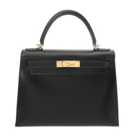 HERMES Kelly 28, Black, Outside Stitching, G Stamp (circa 2003), Women's Box Calf Scarf, 2-Way Bag,