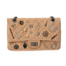 CHANEL Matelasse 2.55 Chain Shoulder Bag, 23cm, Icon Charm, Double Flap, Beige Gold, Women's