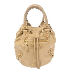 BALENCIAGA Giant Mini Pompon 2-Way Beige Leather Handbag with Gold Hardware, 285439, Women's,